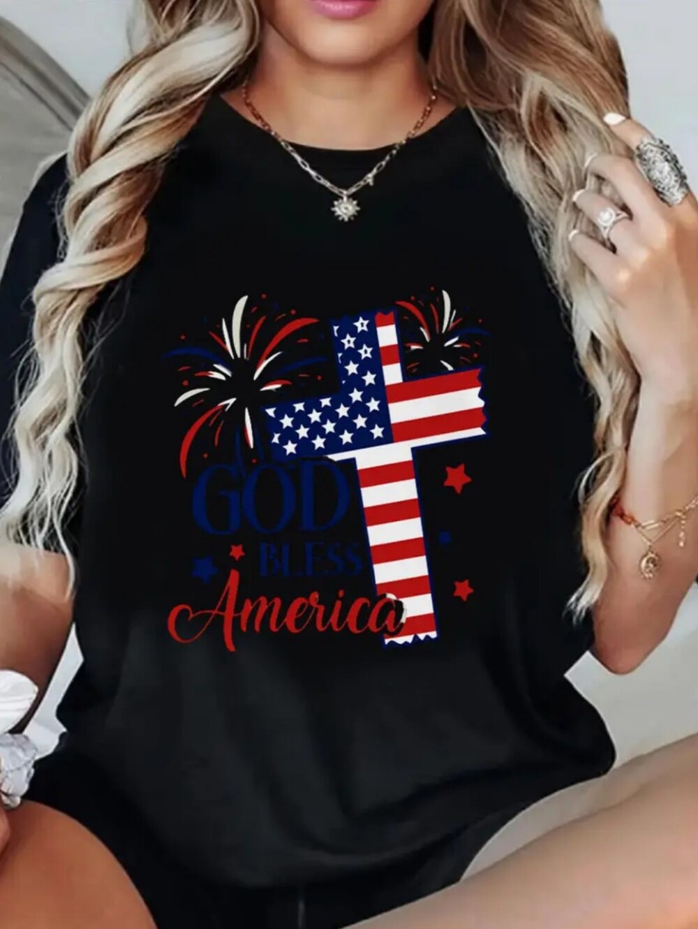 Women's God Bless America Flag Cross Graphic Tee - Black